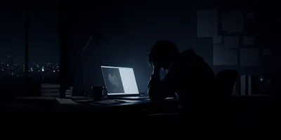 A lone researcher hunched over a glowing laptop, long past midnight.
