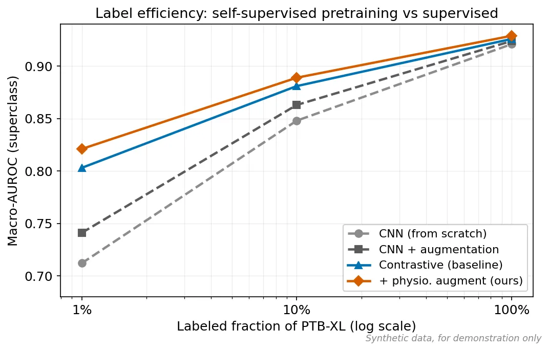 Label-efficiency line plot: self-supervised curves above supervised, gap largest at 1% labels